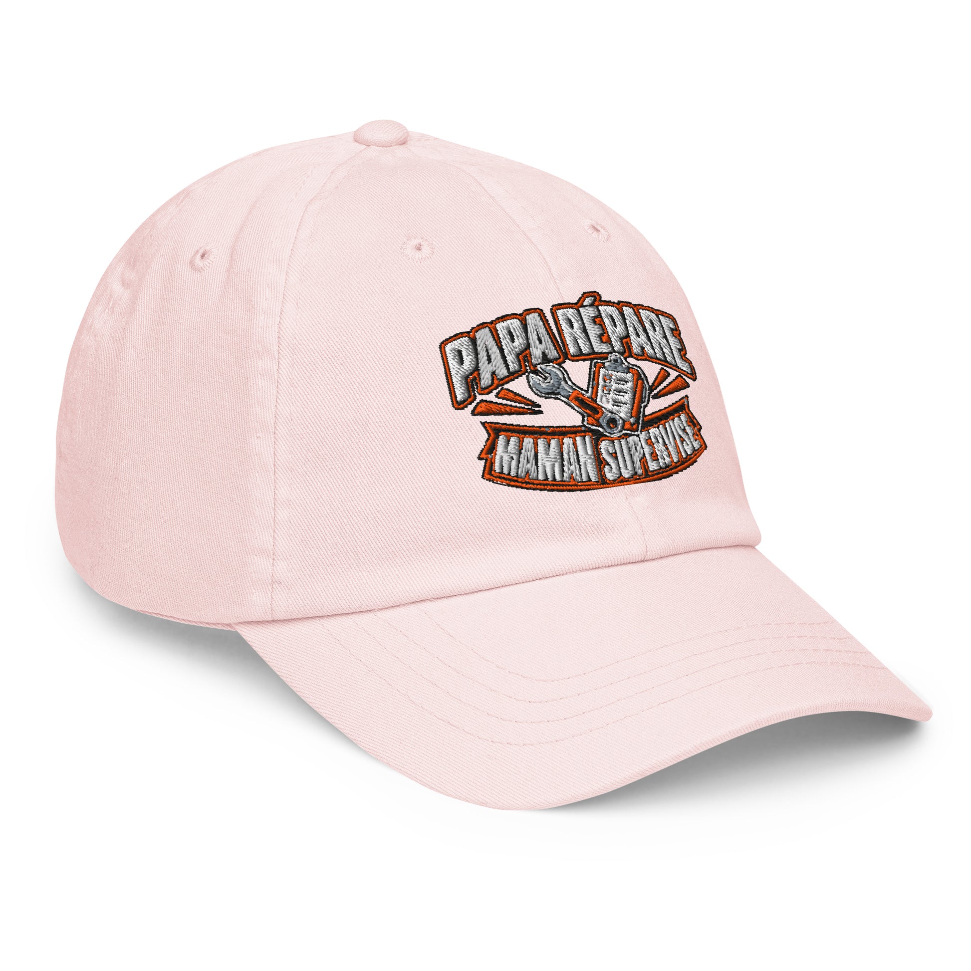 Casquette Baseball, brodée « Papa répare, Maman supervise », en Pastel Pink, vue de trois quarts, image 21