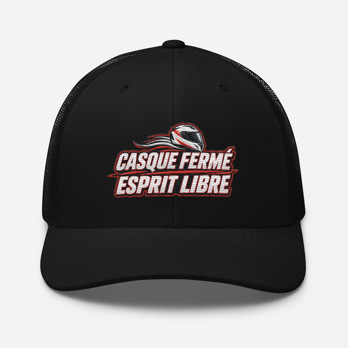 Casquette Trucker, brodée « Casque fermé, esprit libre », en Noir, vue de face, image 3