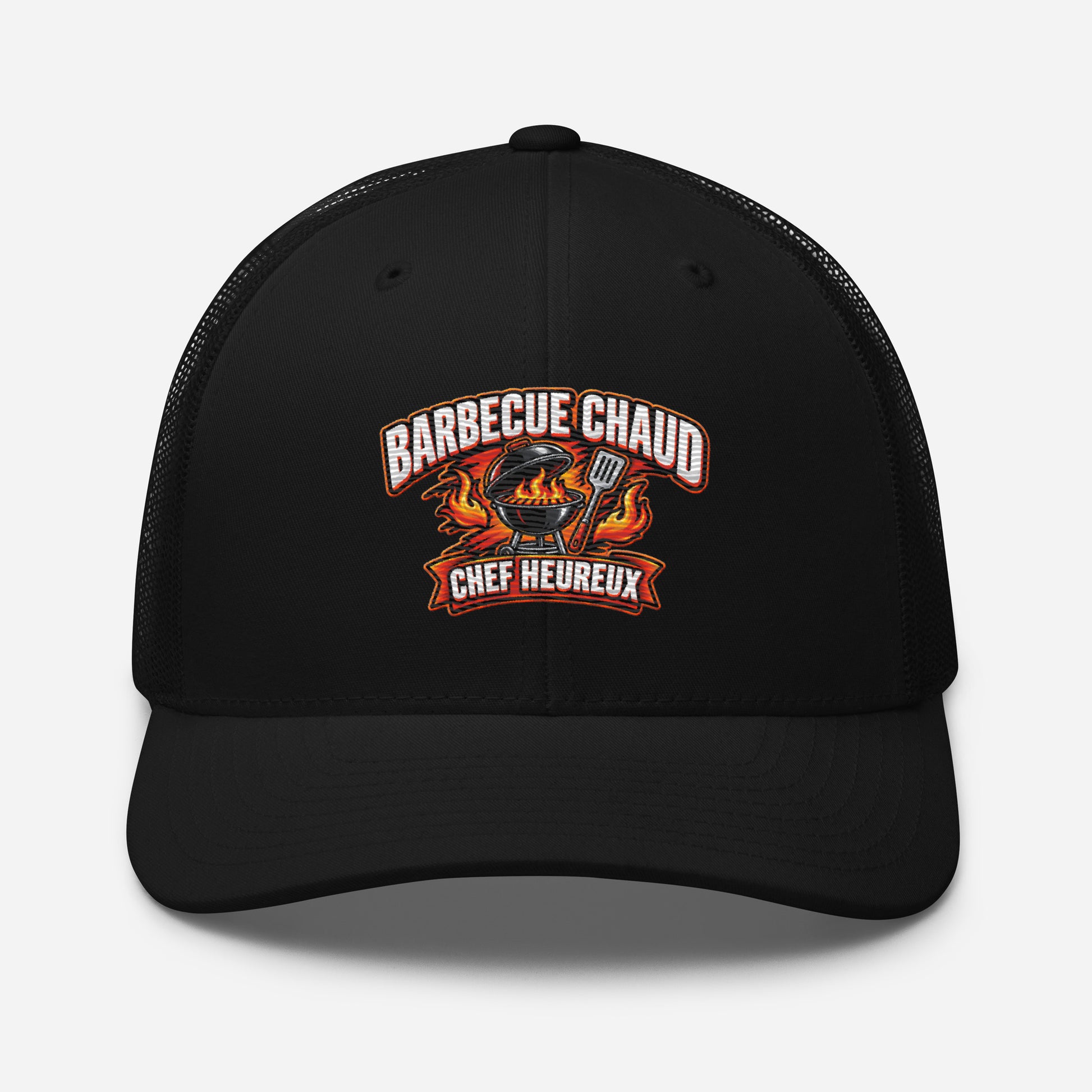 Casquette Trucker, brodée « Barbecue chaud, chef heureux », en Noir, vue de face, image 3