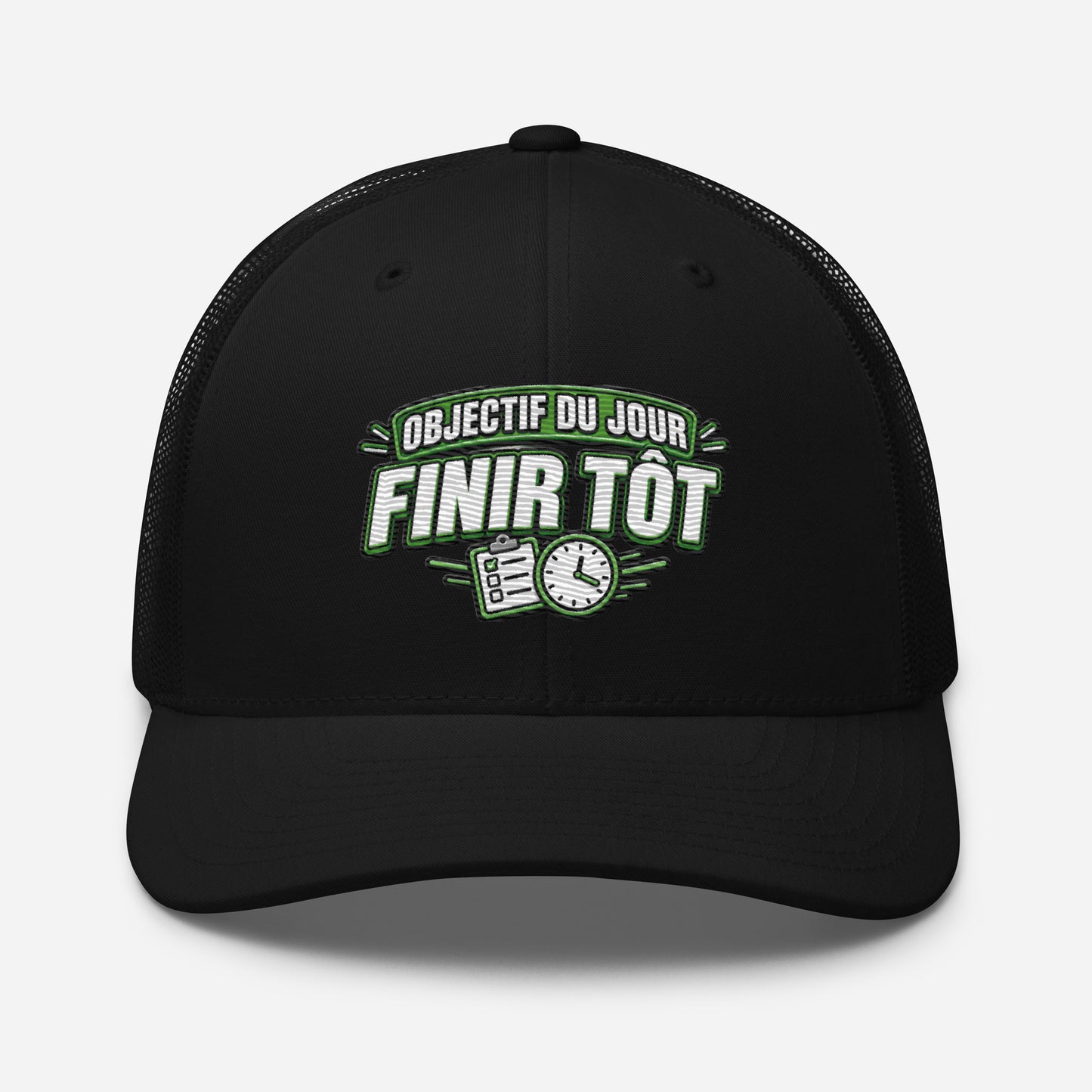 Casquette Trucker, brodée « Objectif du jour, finir tôt », en Noir, vue de face, image 3