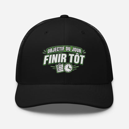 Casquette Trucker, brodée « Objectif du jour, finir tôt », en Noir, vue de face, image 3