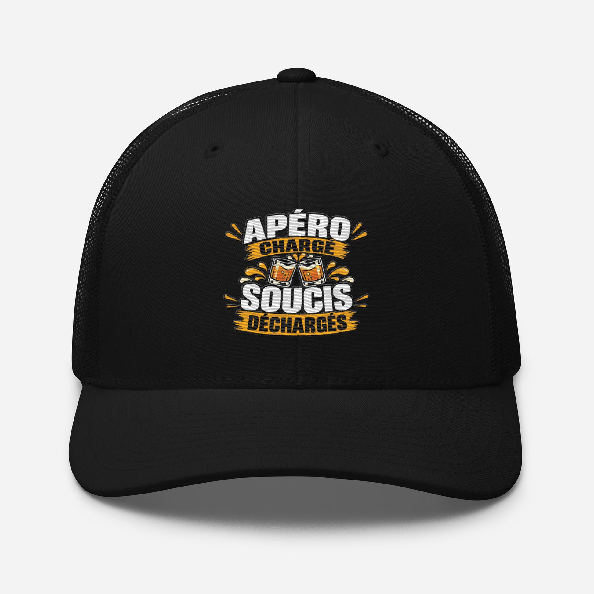 Casquette Trucker, brodée « Apéro chargé, soucis déchargés », en Noir, vue de face, image 3