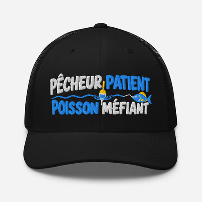 Casquette Trucker, brodée « Pêcheur patient, poisson méfiant », en Noir, vue de face, image 3