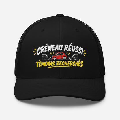Casquette Trucker, brodée « Créneau réussi, Témoins recherchés », en Noir, vue de face, image 3