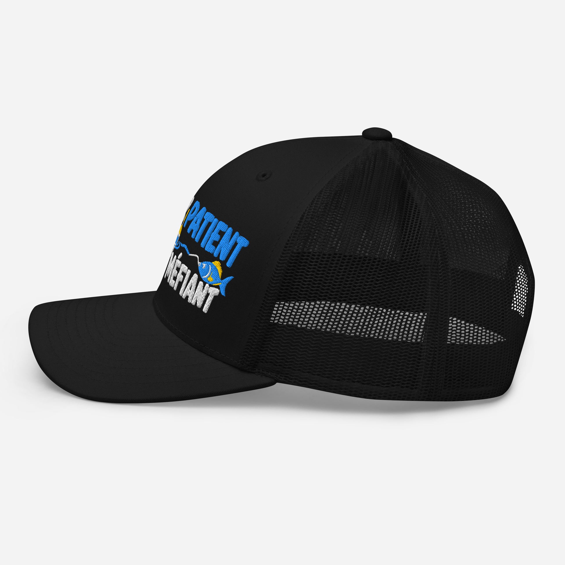 Casquette Trucker, brodée « Pêcheur patient, poisson méfiant », en Noir, image 4