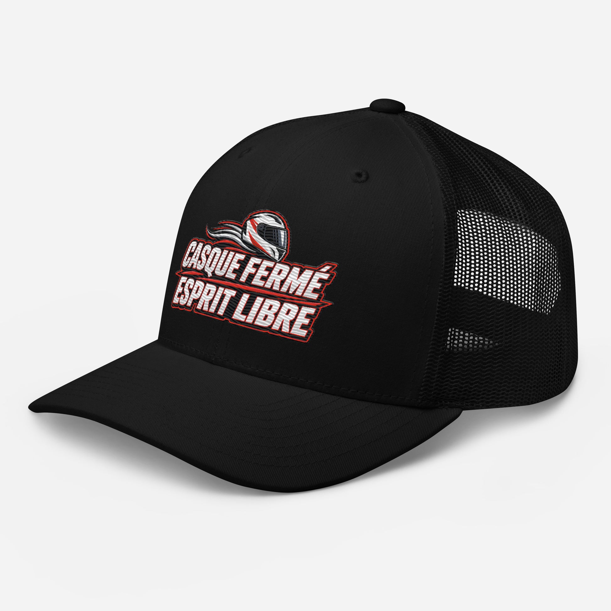 Casquette Trucker, brodée « Casque fermé, esprit libre », en Noir, vue de trois quarts, image 5