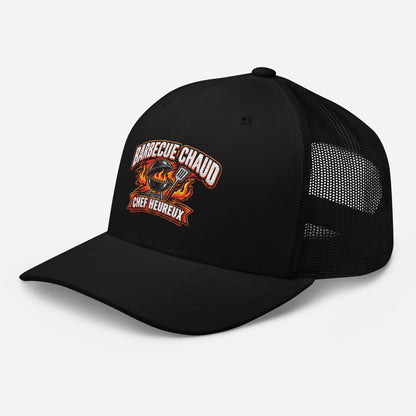 Casquette Trucker, brodée « Barbecue chaud, chef heureux », en Noir, vue de trois quarts, image 5