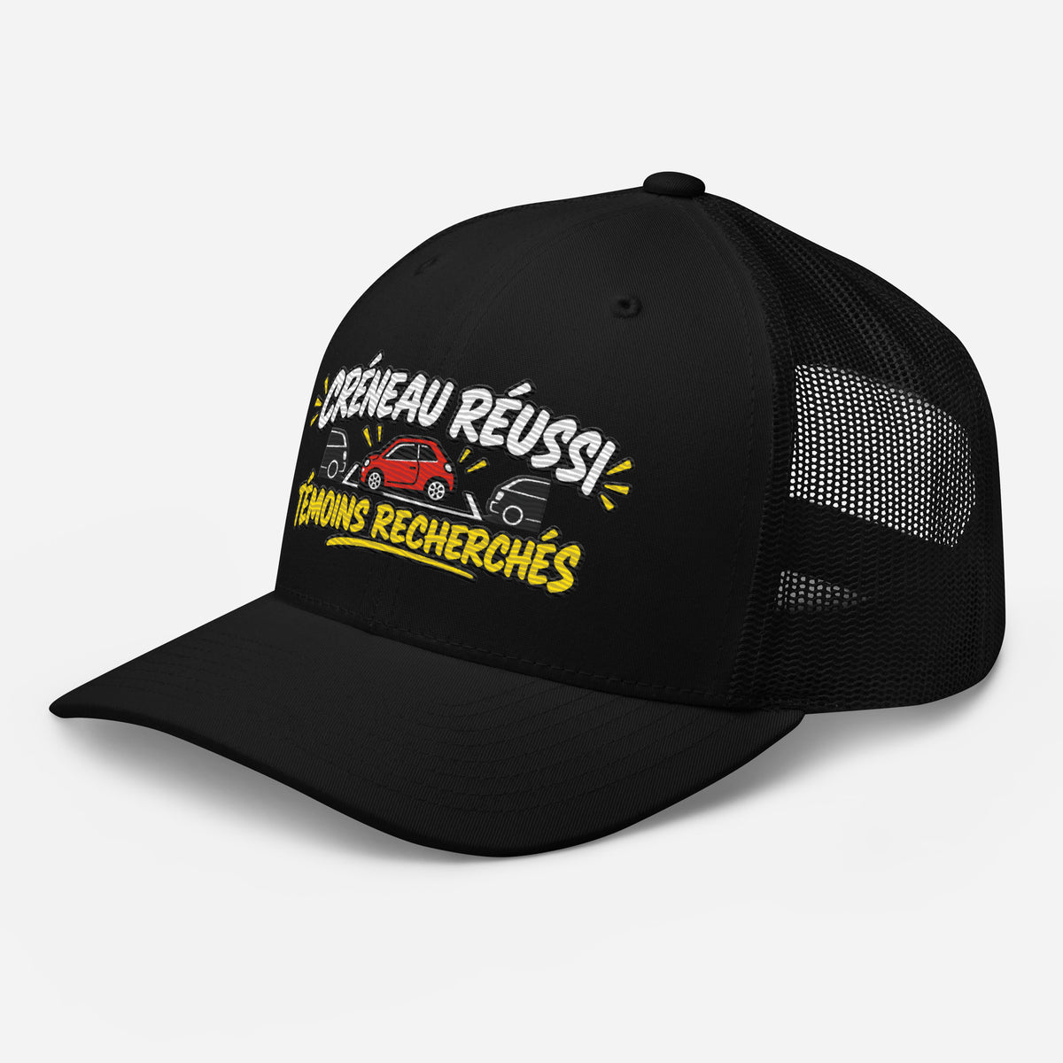 Casquette Trucker, brodée « Créneau réussi, Témoins recherchés », en Noir, vue de trois quarts, image 5