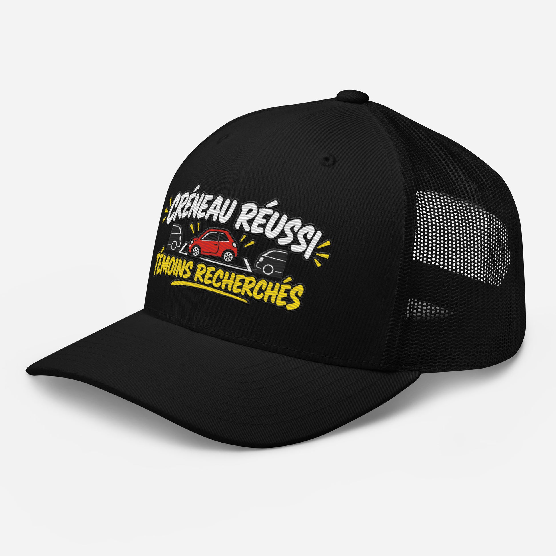 Casquette Trucker, brodée « Créneau réussi, Témoins recherchés », en Noir, vue de trois quarts, image 5
