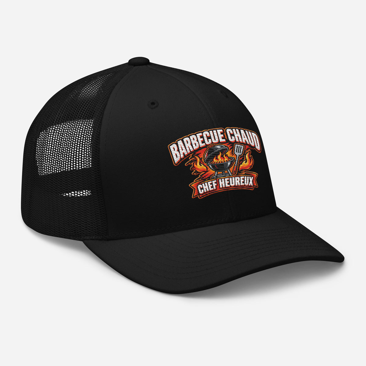 Casquette Trucker, brodée « Barbecue chaud, chef heureux », en Noir, vue de trois quarts, image 7