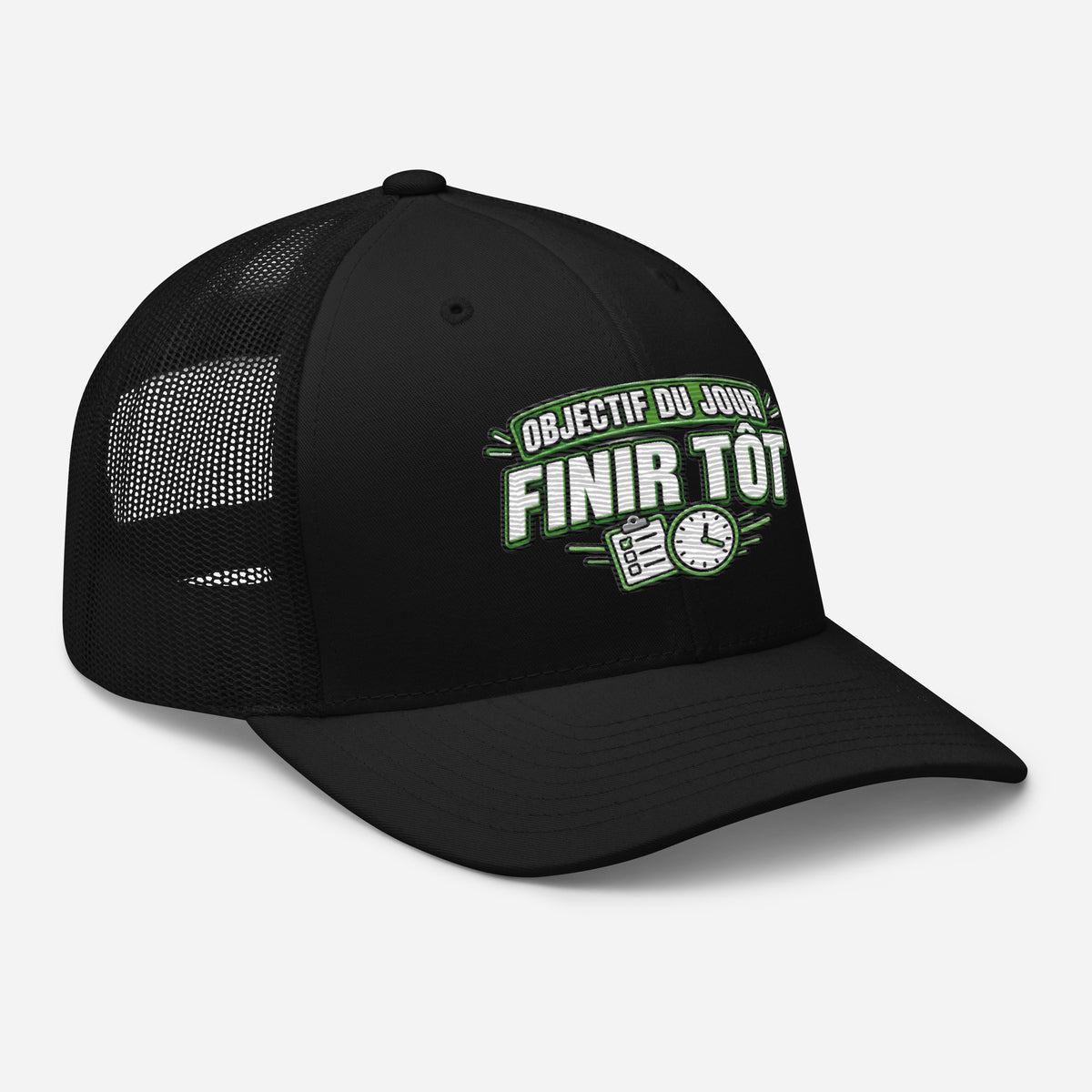 Casquette Trucker, brodée « Objectif du jour, finir tôt », en Noir, vue de trois quarts, image 6