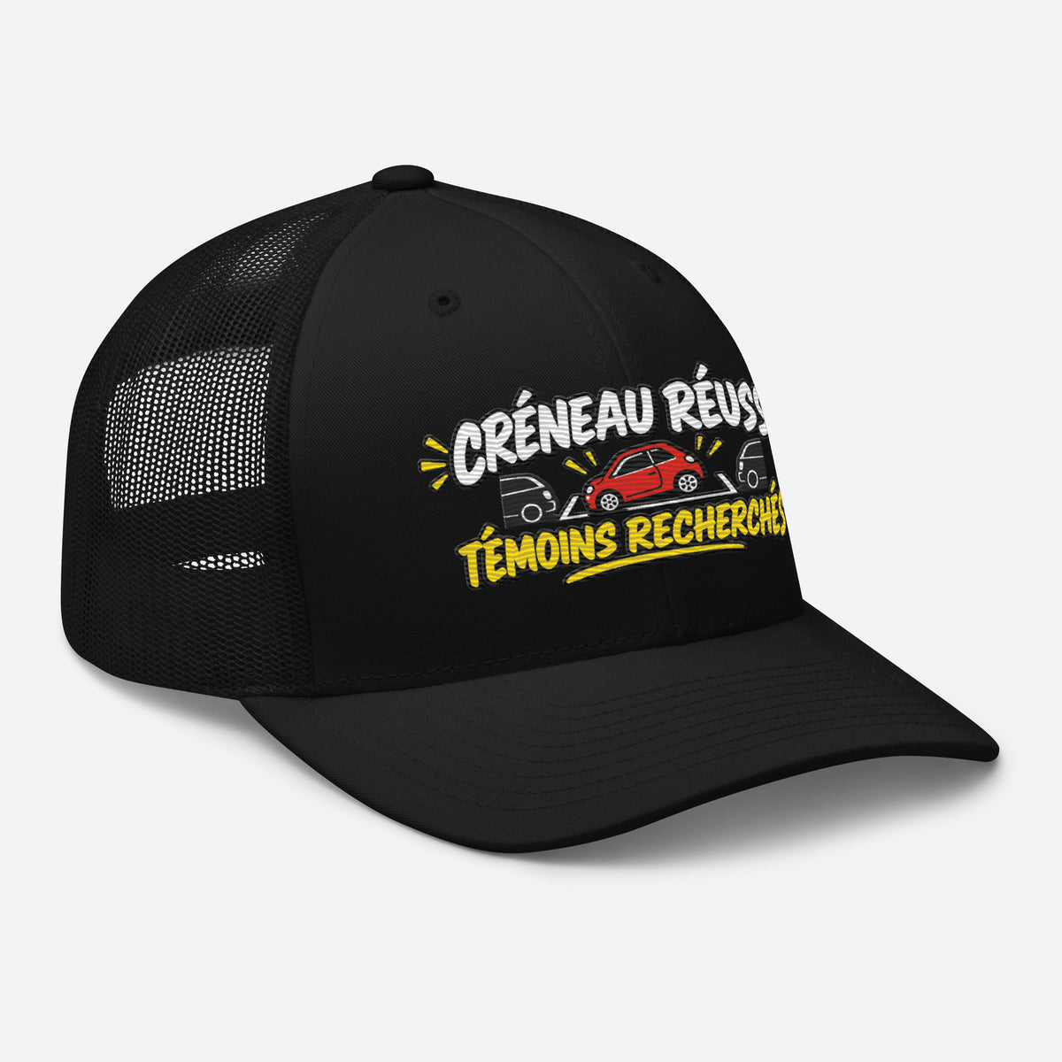 Casquette Trucker, brodée « Créneau réussi, Témoins recherchés », en Noir, vue de trois quarts, image 7