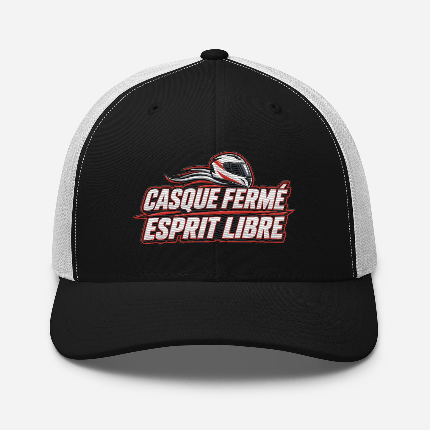 Casquette Trucker, brodée « Casque fermé, esprit libre », en Noir, vue de face, image 9
