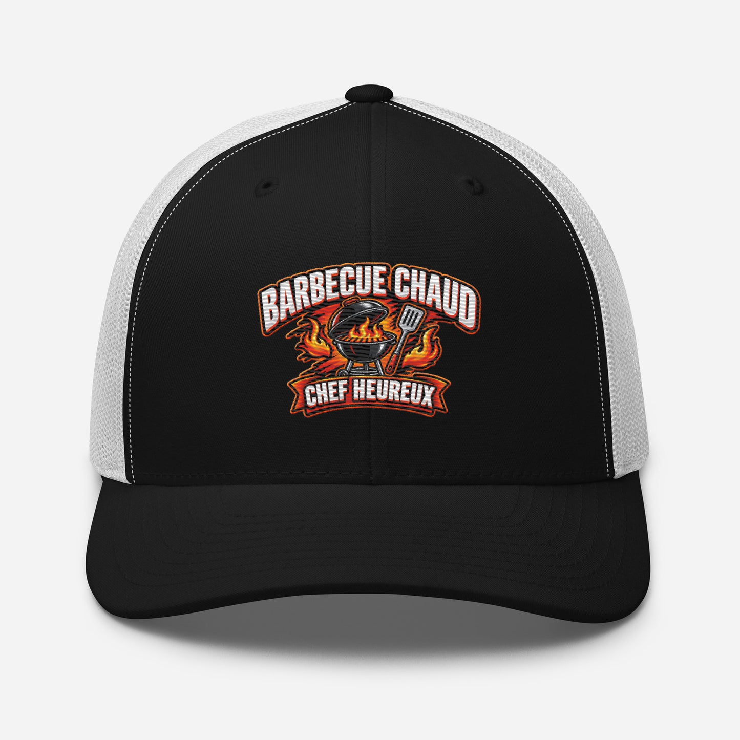 Casquette Trucker, brodée « Barbecue chaud, chef heureux », en Noir, vue de face, image 9