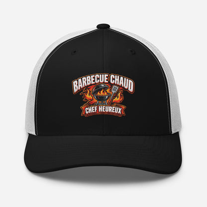 Casquette Trucker, brodée « Barbecue chaud, chef heureux », en Noir, vue de face, image 9