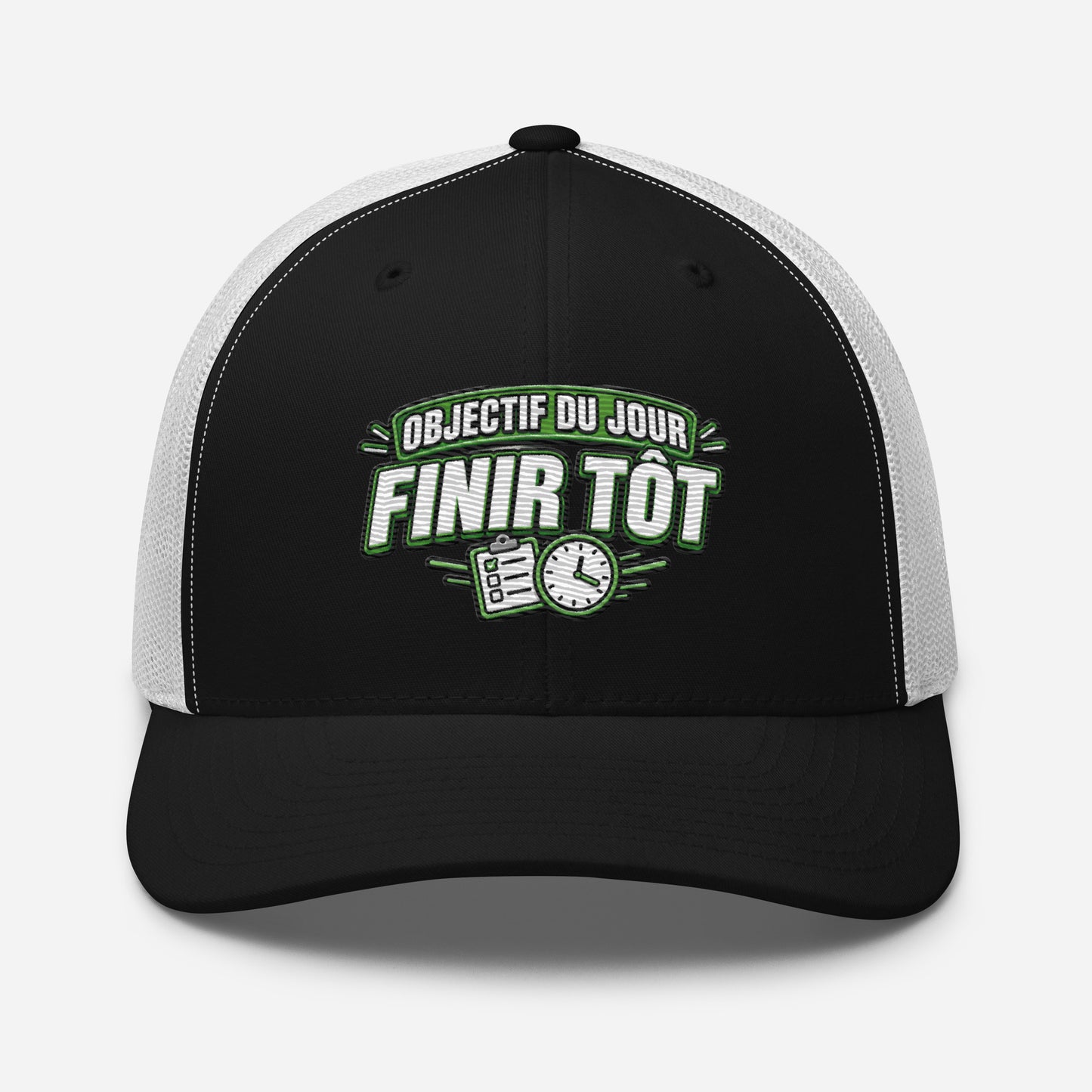 Casquette Trucker, brodée « Objectif du jour, finir tôt », en Noir, vue de face, image 8