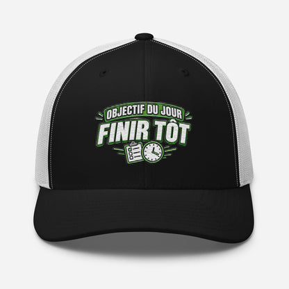 Casquette Trucker, brodée « Objectif du jour, finir tôt », en Noir, vue de face, image 8