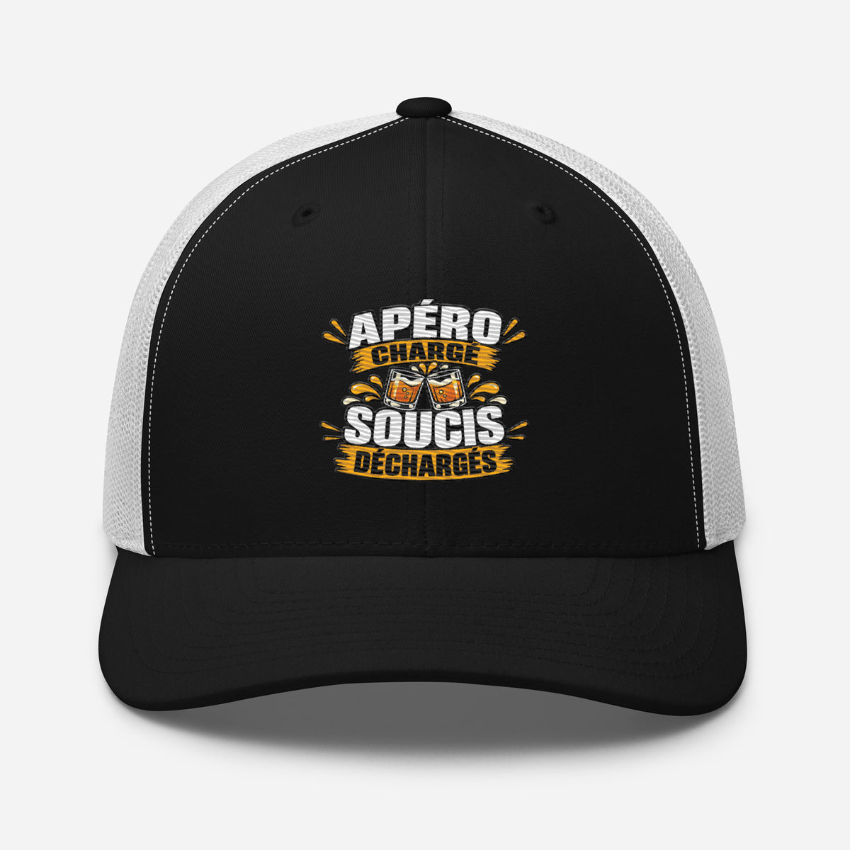Casquette Trucker, brodée « Apéro chargé, soucis déchargés », en Noir, vue de face, image 9