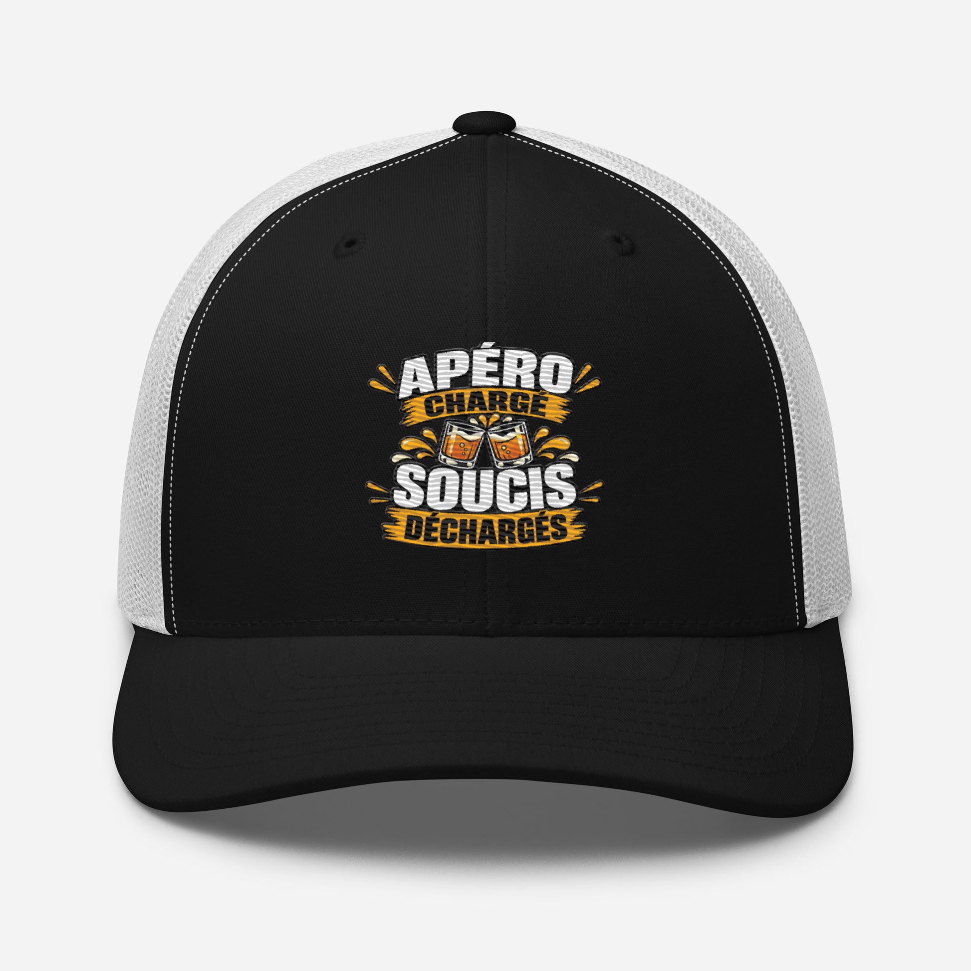 Casquette Trucker, brodée « Apéro chargé, soucis déchargés », en Noir, vue de face, image 9