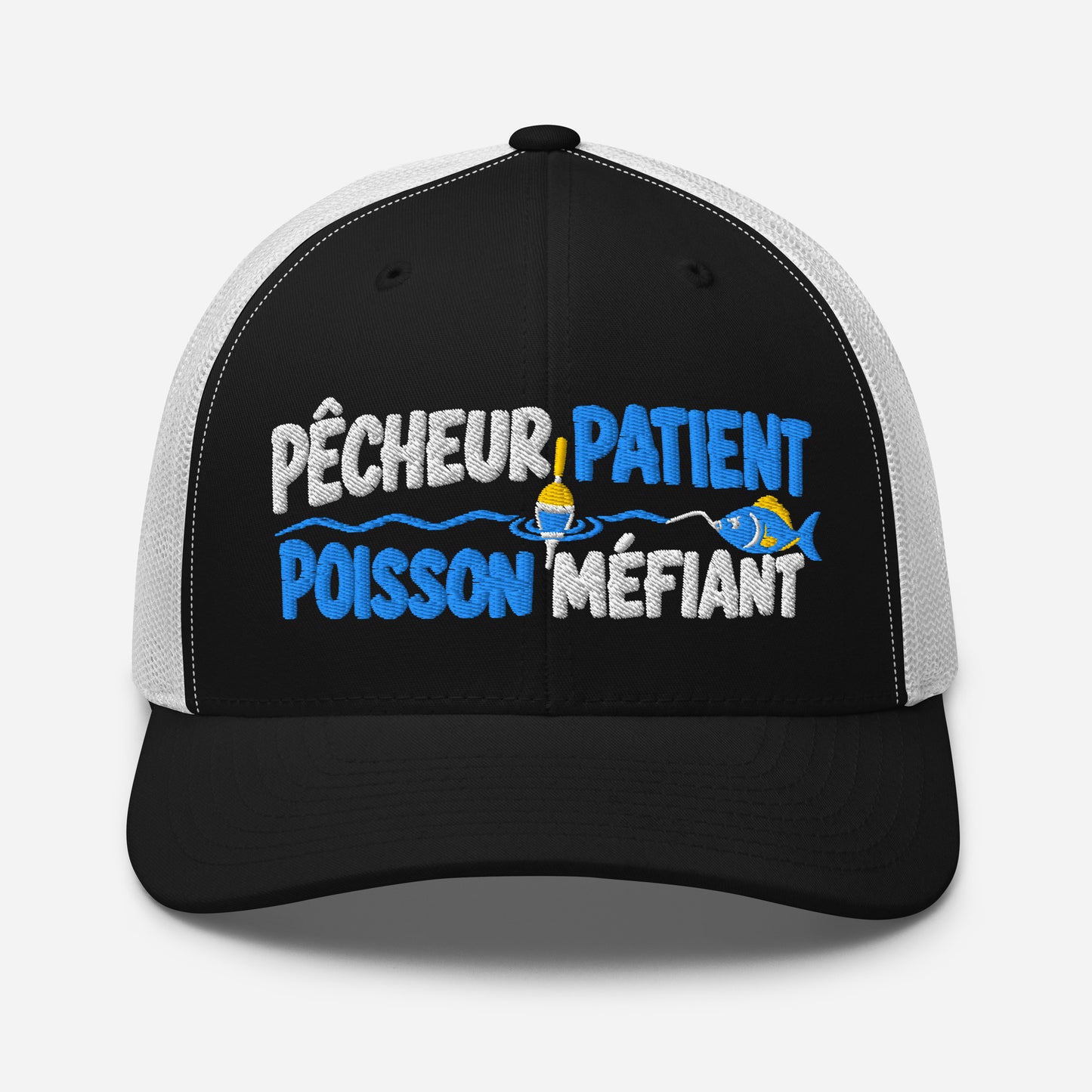 Casquette Trucker, brodée « Pêcheur patient, poisson méfiant », en Noir, vue de face, image 9