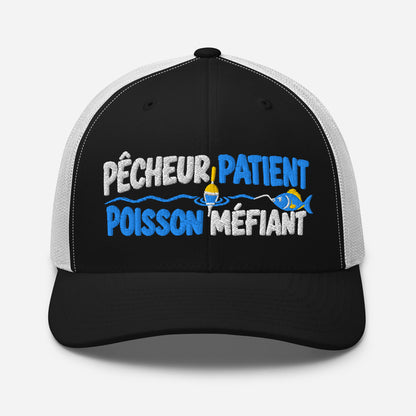 Casquette Trucker, brodée « Pêcheur patient, poisson méfiant », en Noir, vue de face, image 9
