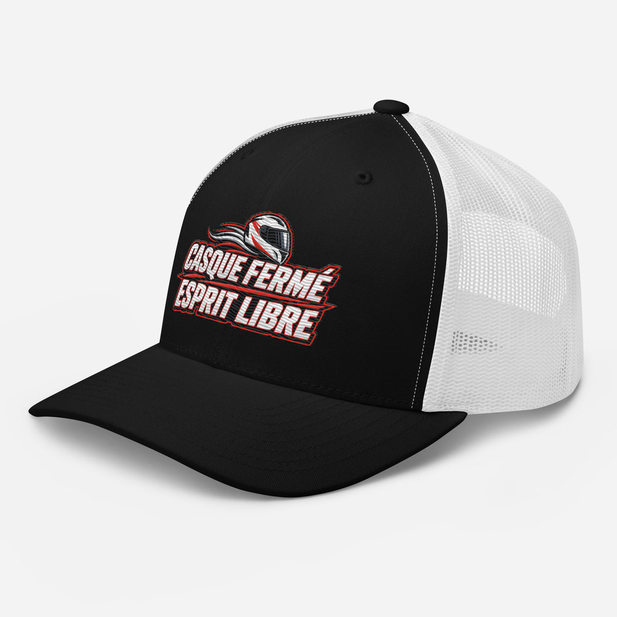 Casquette Trucker, brodée « Casque fermé, esprit libre », en Noir, vue de trois quarts, image 11