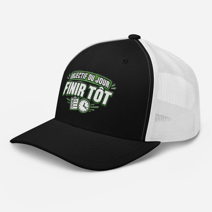 Casquette Trucker, brodée « Objectif du jour, finir tôt », en Noir, vue de trois quarts, image 10