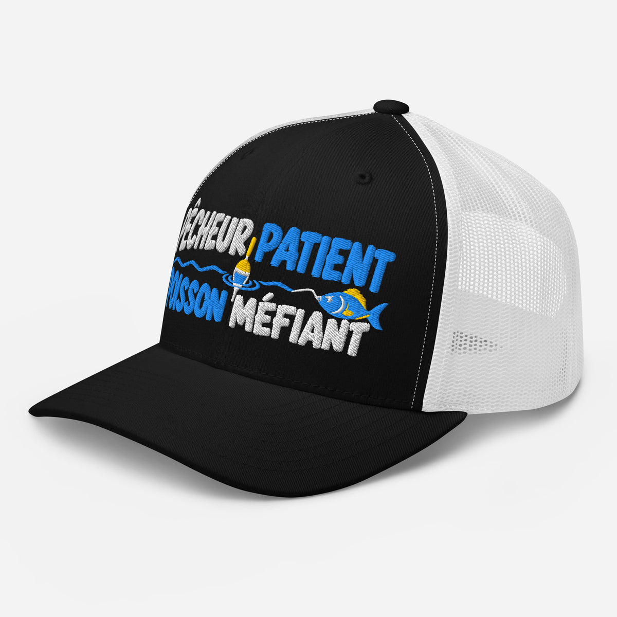Casquette Trucker, brodée « Pêcheur patient, poisson méfiant », en Noir, vue de trois quarts, image 11