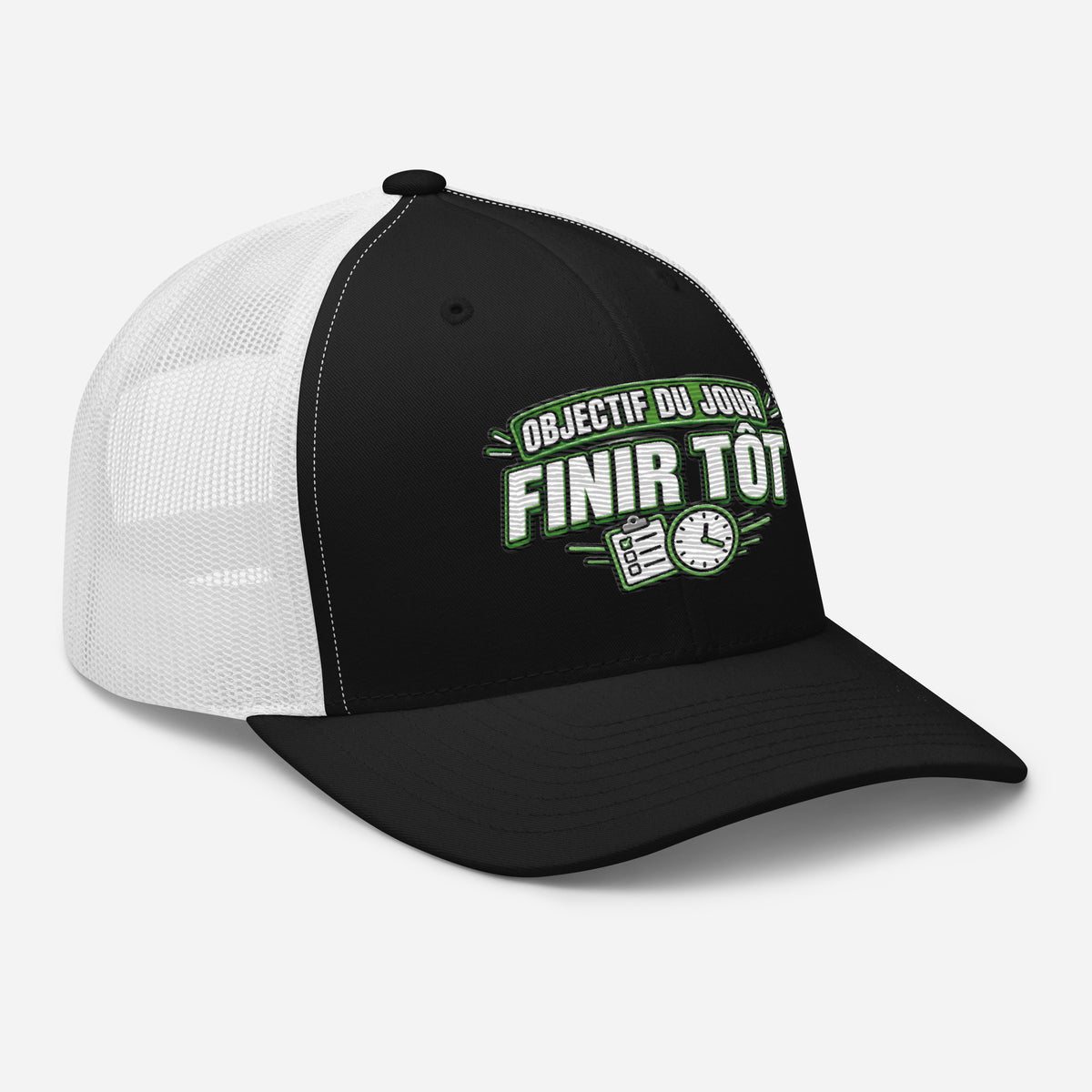 Casquette Trucker, brodée « Objectif du jour, finir tôt », en Noir, vue de trois quarts, image 12
