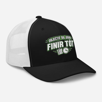 Casquette Trucker, brodée « Objectif du jour, finir tôt », en Noir, vue de trois quarts, image 12