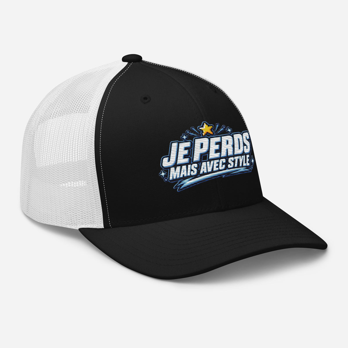 Casquette Trucker, brodée « Je perds mais avec style », en Noir, vue de trois quarts, image 13
