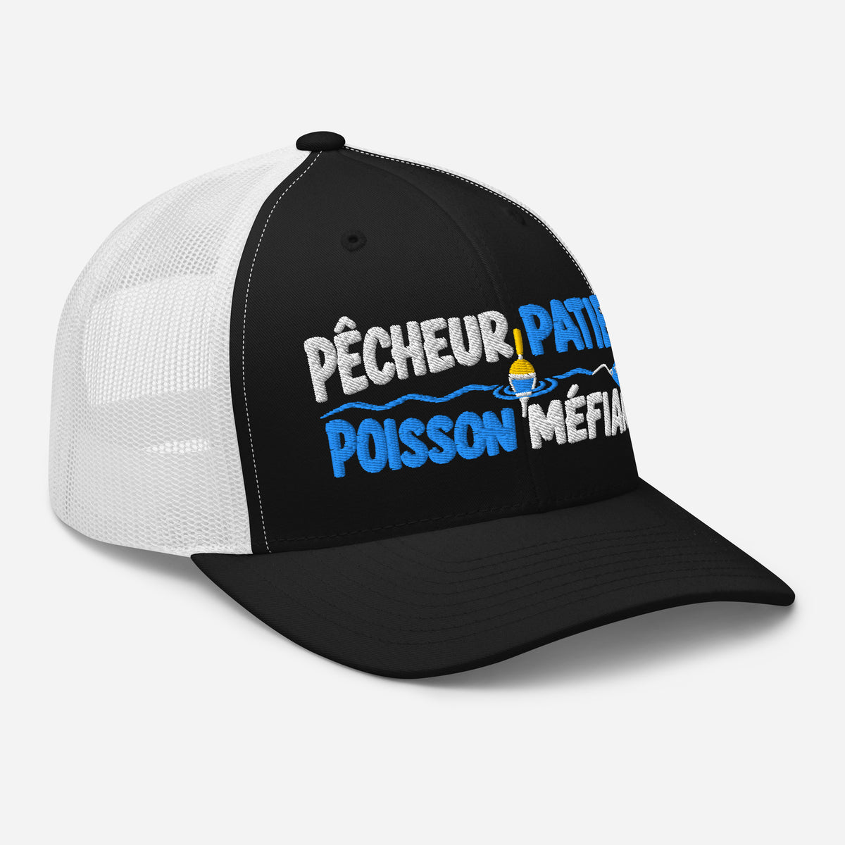 Casquette Trucker, brodée « Pêcheur patient, poisson méfiant », en Noir, vue de trois quarts, image 13