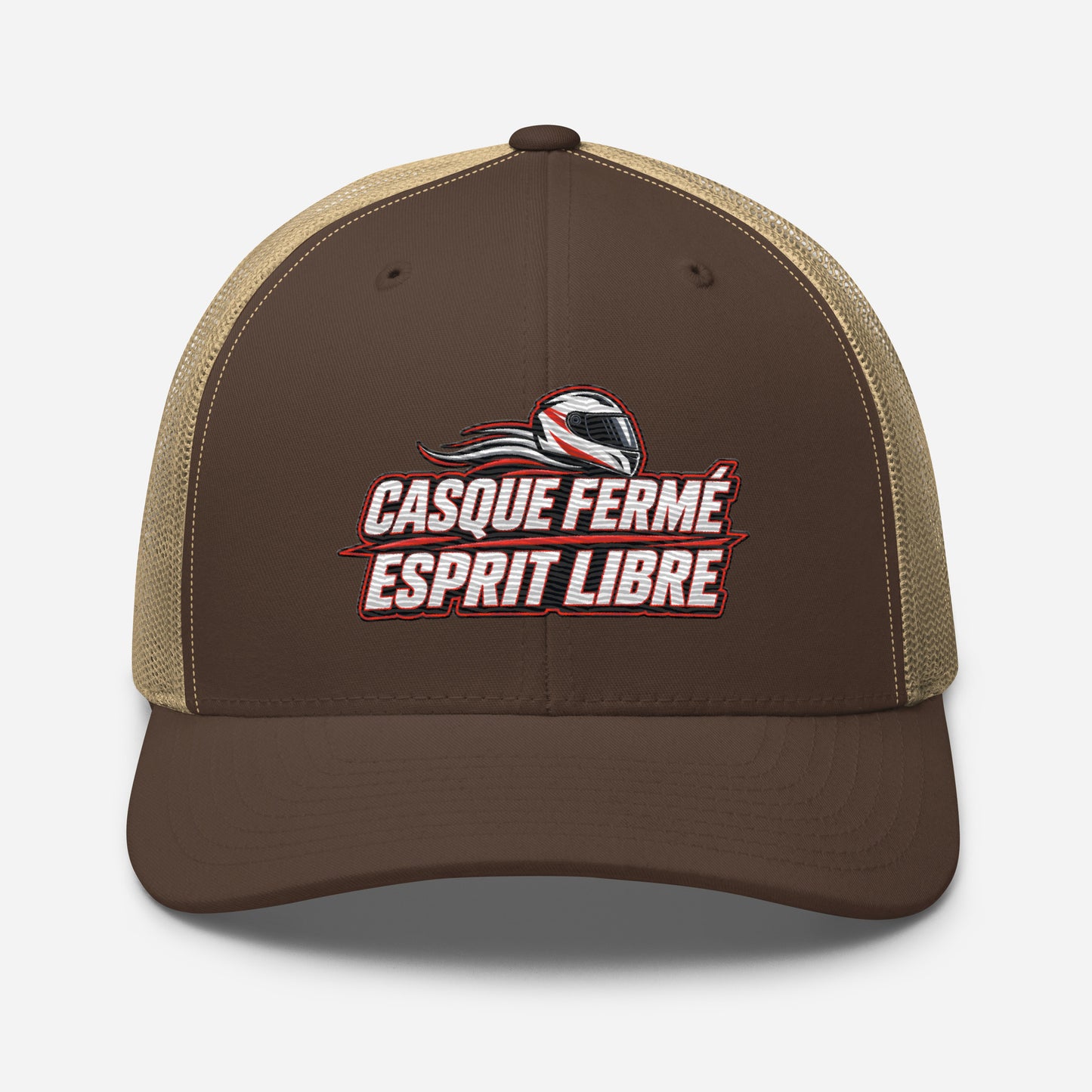 Casquette Trucker, brodée « Casque fermé, esprit libre », en Kaki, vue de face, image 44