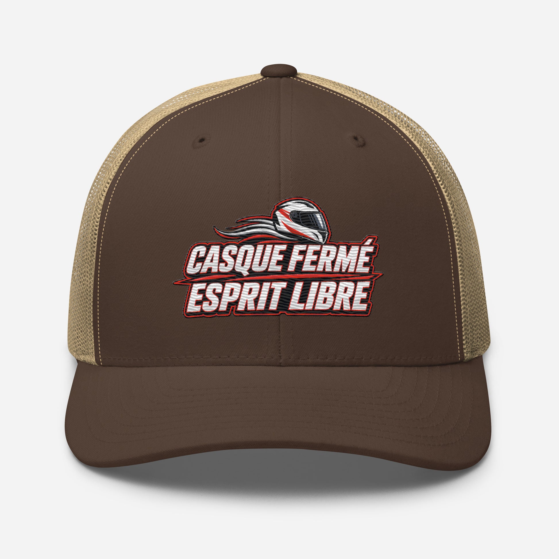 Casquette Trucker, brodée « Casque fermé, esprit libre », en Kaki, vue de face, image 44