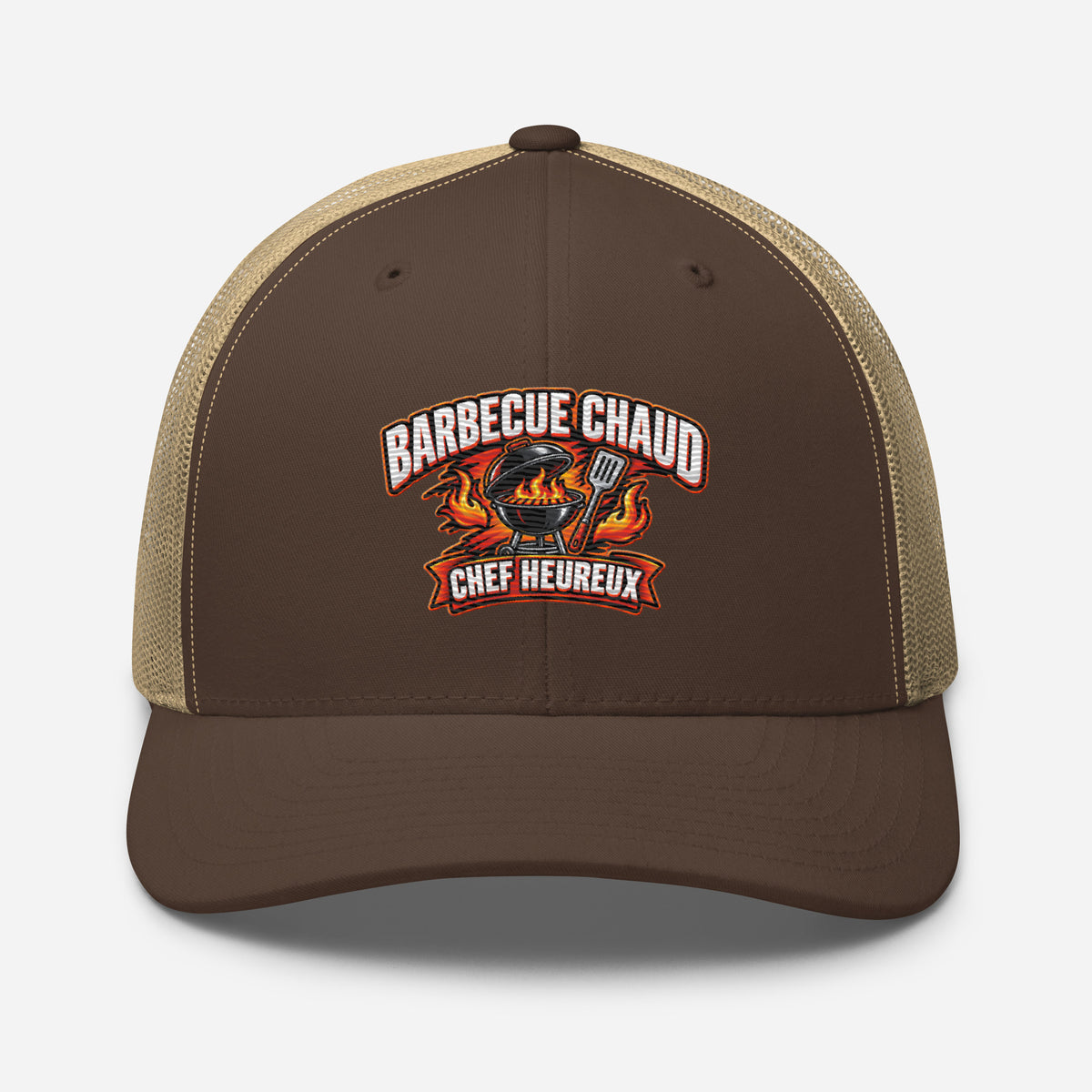 Casquette Trucker, brodée « Barbecue chaud, chef heureux », en Kaki, vue de face, image 45