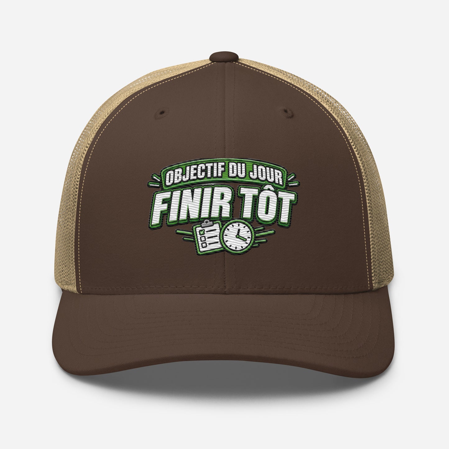 Casquette Trucker, brodée « Objectif du jour, finir tôt », en Kaki, vue de face, image 44