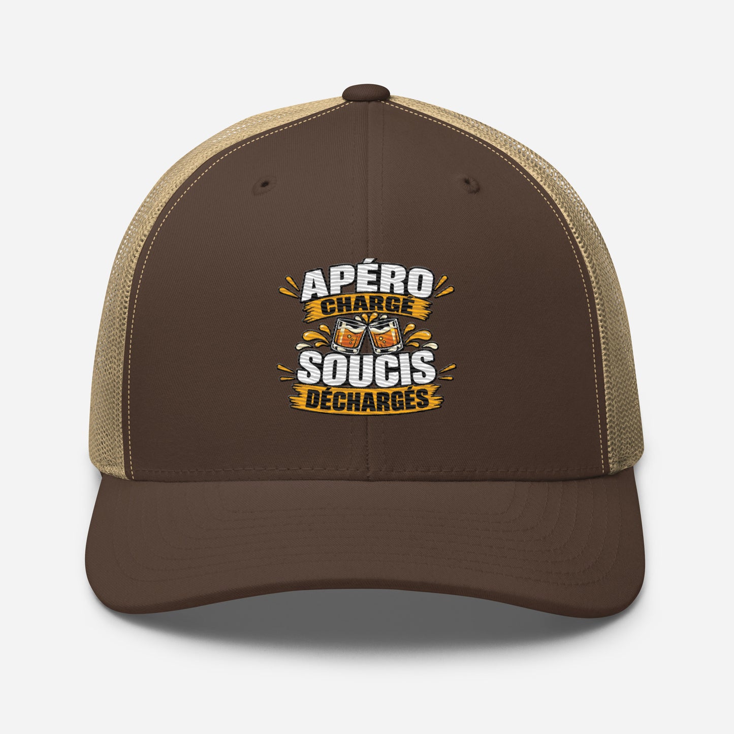 Casquette Trucker, brodée « Apéro chargé, soucis déchargés », en Kaki, vue de face, image 45