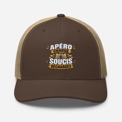 Casquette Trucker, brodée « Apéro chargé, soucis déchargés », en Kaki, vue de face, image 45
