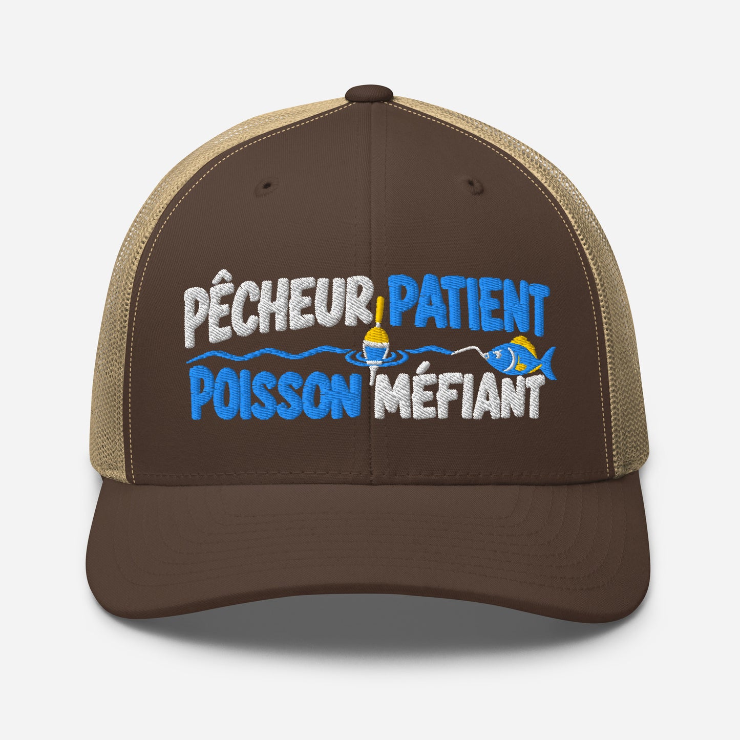 Casquette Trucker, brodée « Pêcheur patient, poisson méfiant », en Kaki, vue de face, image 45