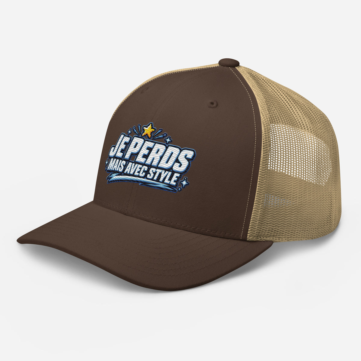 Casquette Trucker, brodée « Je perds mais avec style », en Kaki, vue de trois quarts, image 46