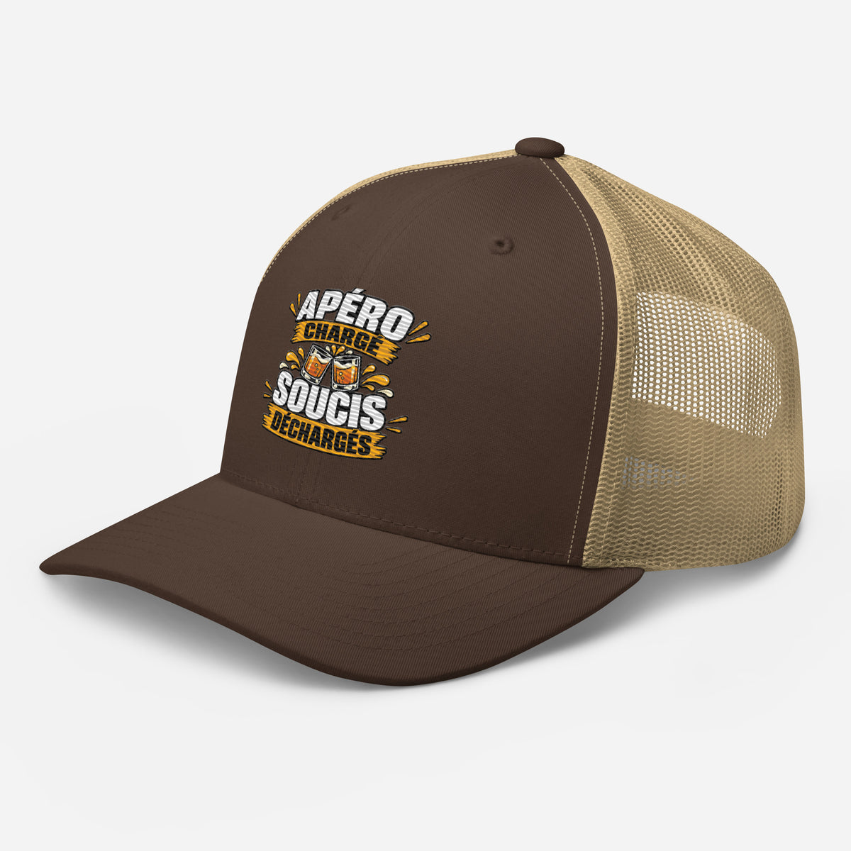 Casquette Trucker, brodée « Apéro chargé, soucis déchargés », en Kaki, vue de trois quarts, image 47