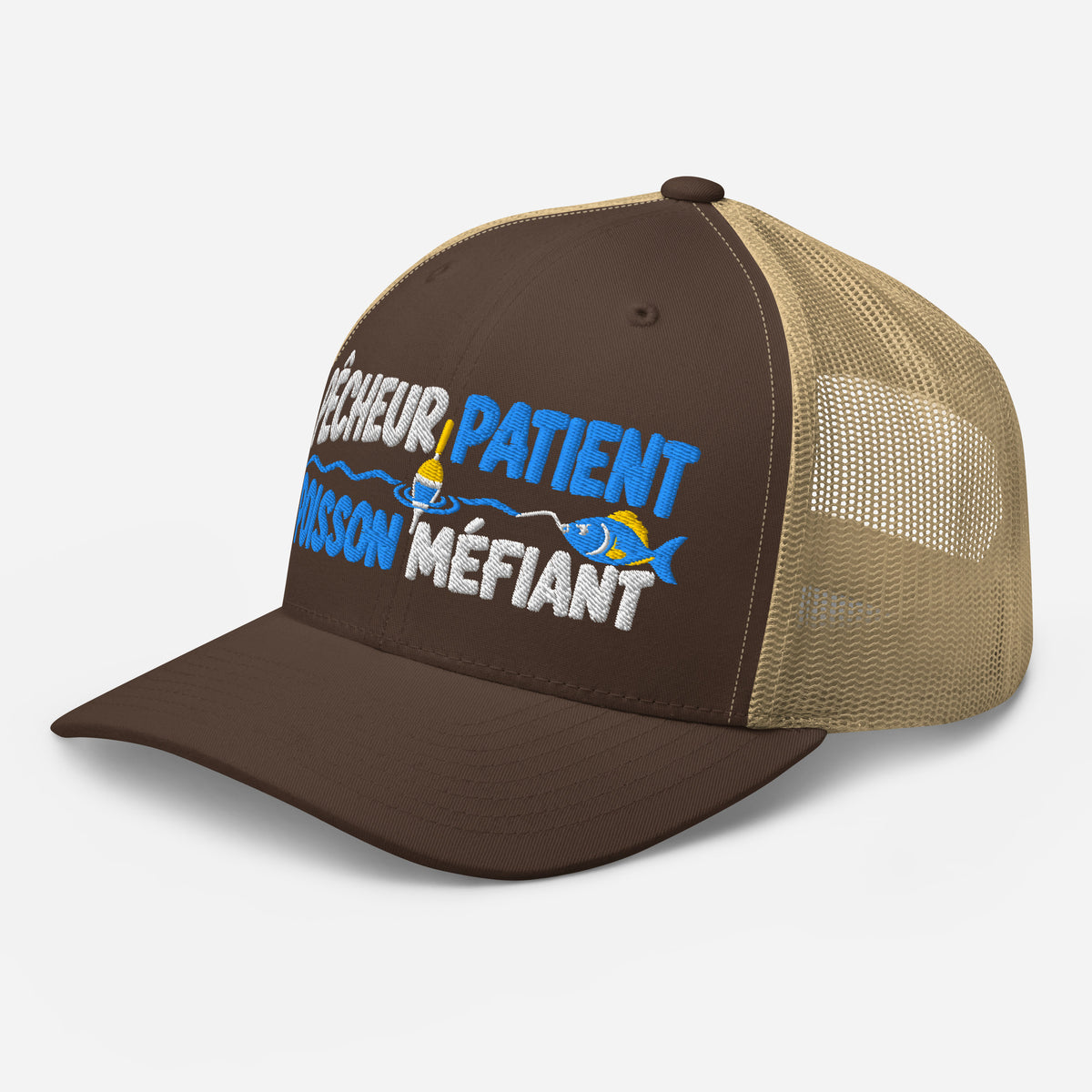 Casquette Trucker, brodée « Pêcheur patient, poisson méfiant », en Kaki, vue de trois quarts, image 47