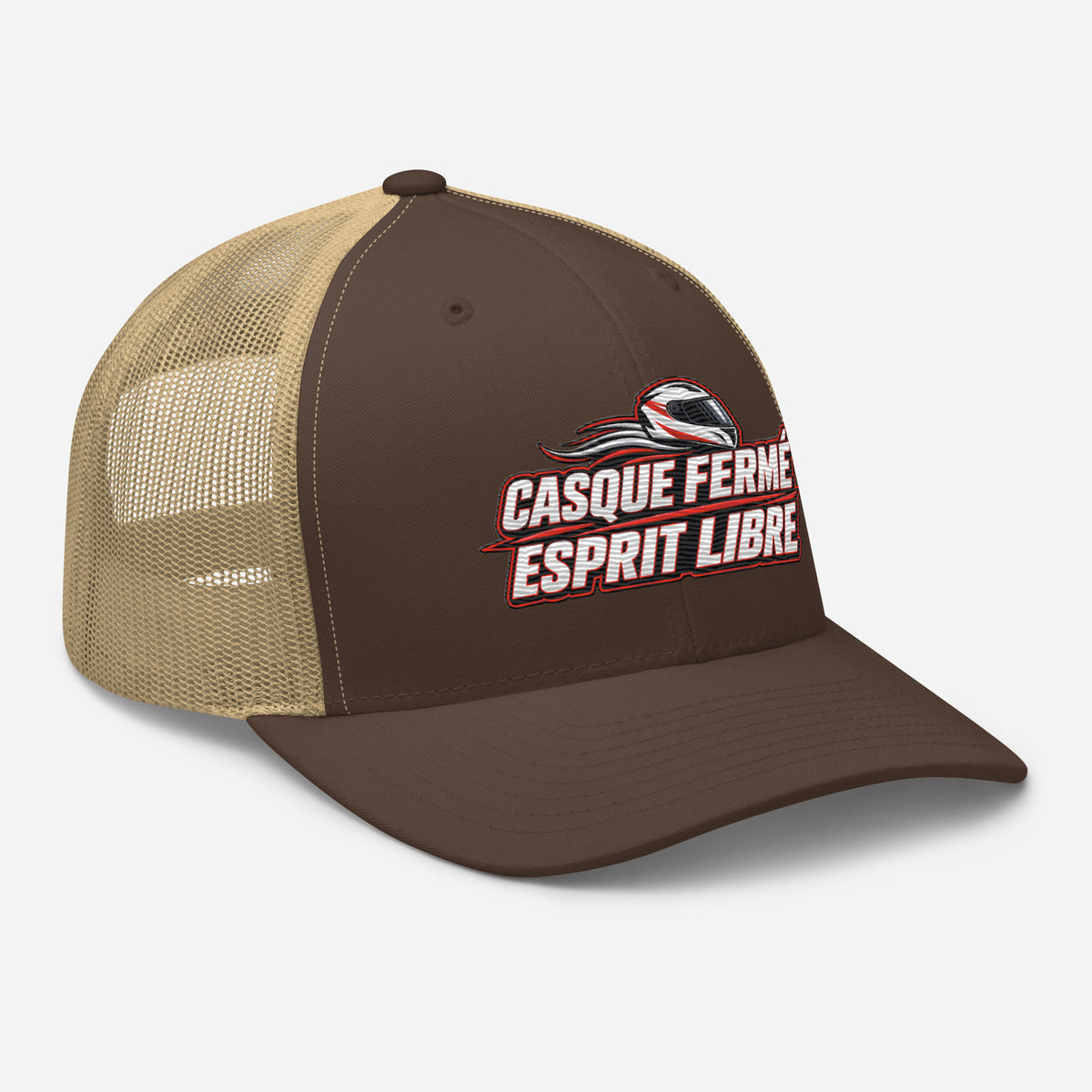 Casquette Trucker, brodée « Casque fermé, esprit libre », en Kaki, vue de trois quarts, image 48
