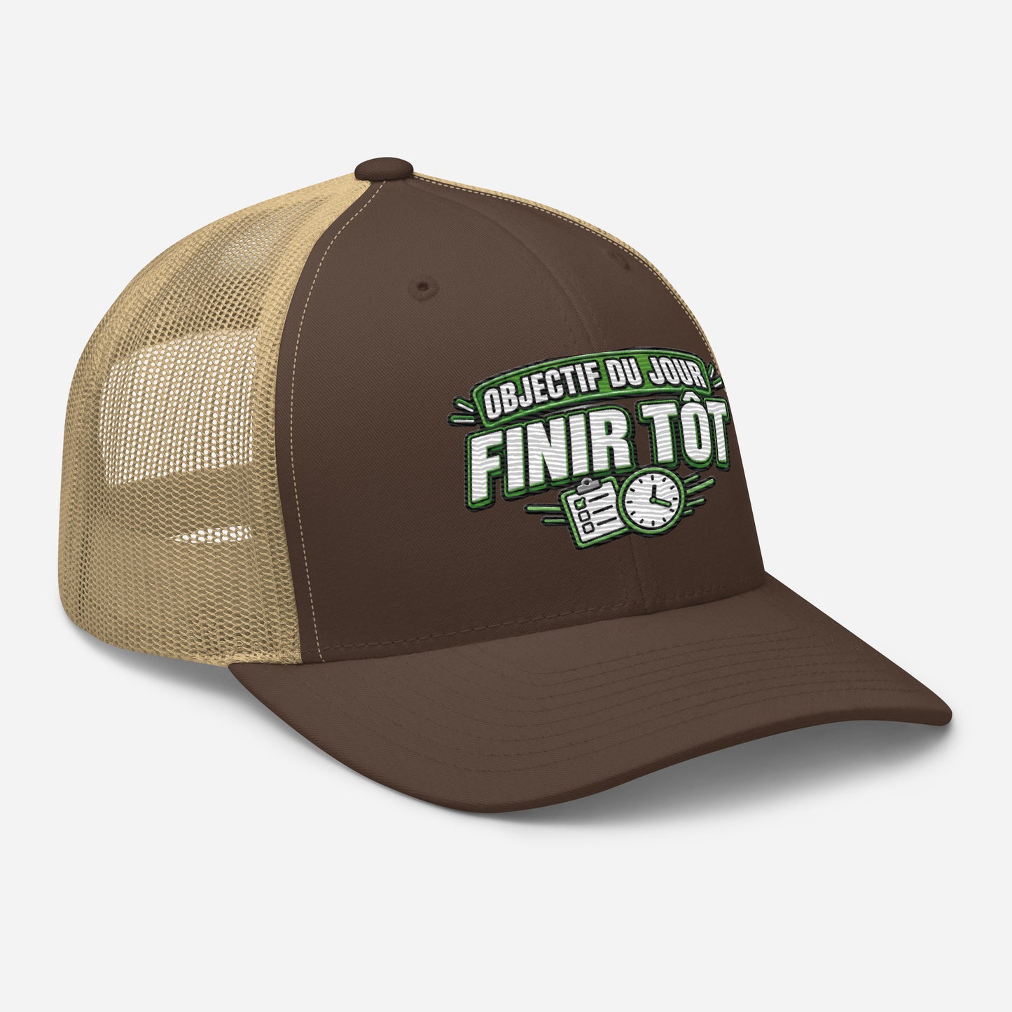 Casquette Trucker, brodée « Objectif du jour, finir tôt », en Kaki, vue de trois quarts, image 48