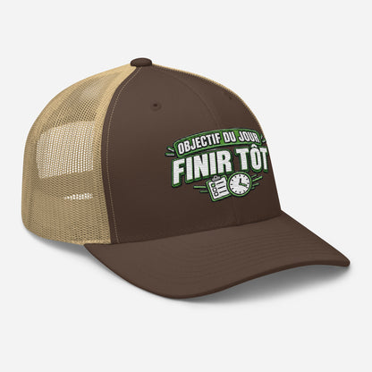 Casquette Trucker, brodée « Objectif du jour, finir tôt », en Kaki, vue de trois quarts, image 48