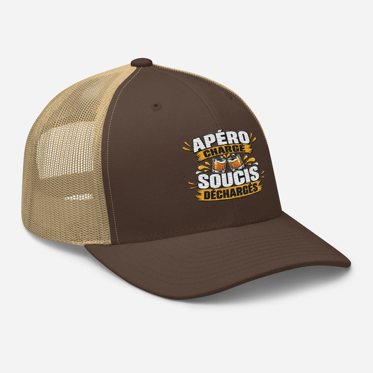 Casquette Trucker, brodée « Apéro chargé, soucis déchargés », en Kaki, vue de trois quarts, image 49
