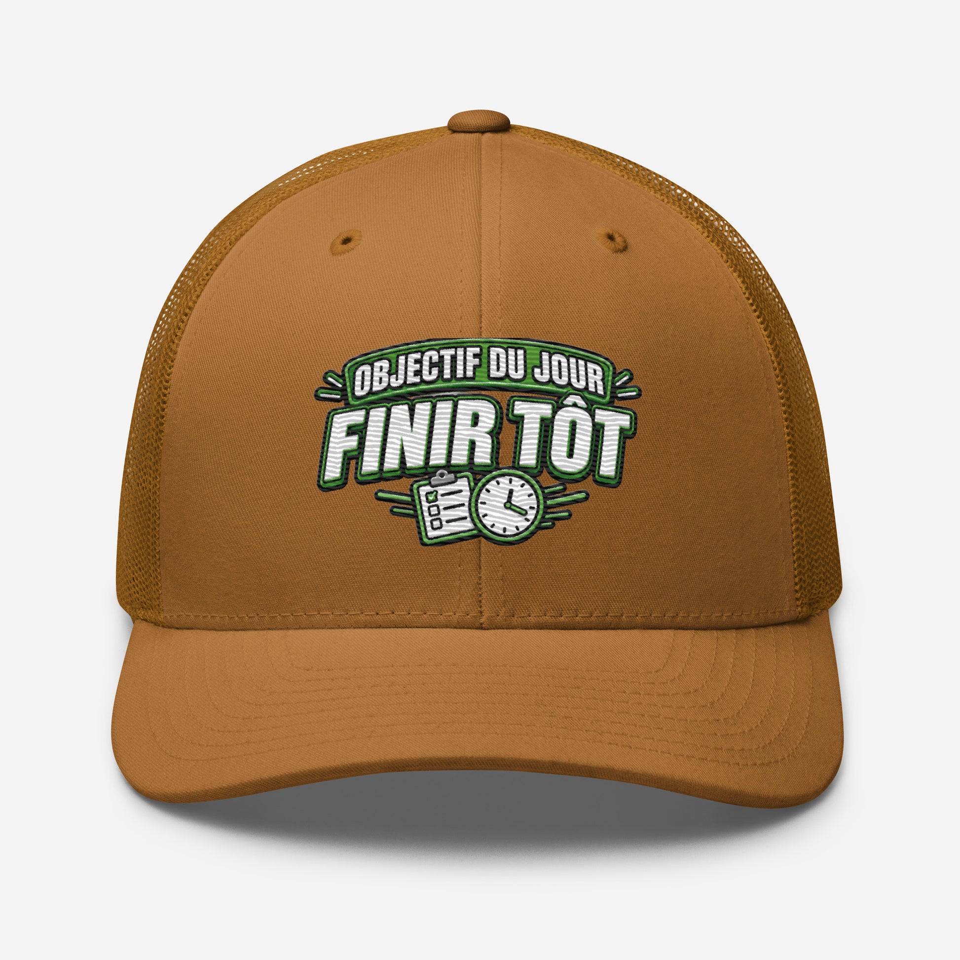 Casquette Trucker, brodée « Objectif du jour, finir tôt », en Caramel, vue de face, image 61