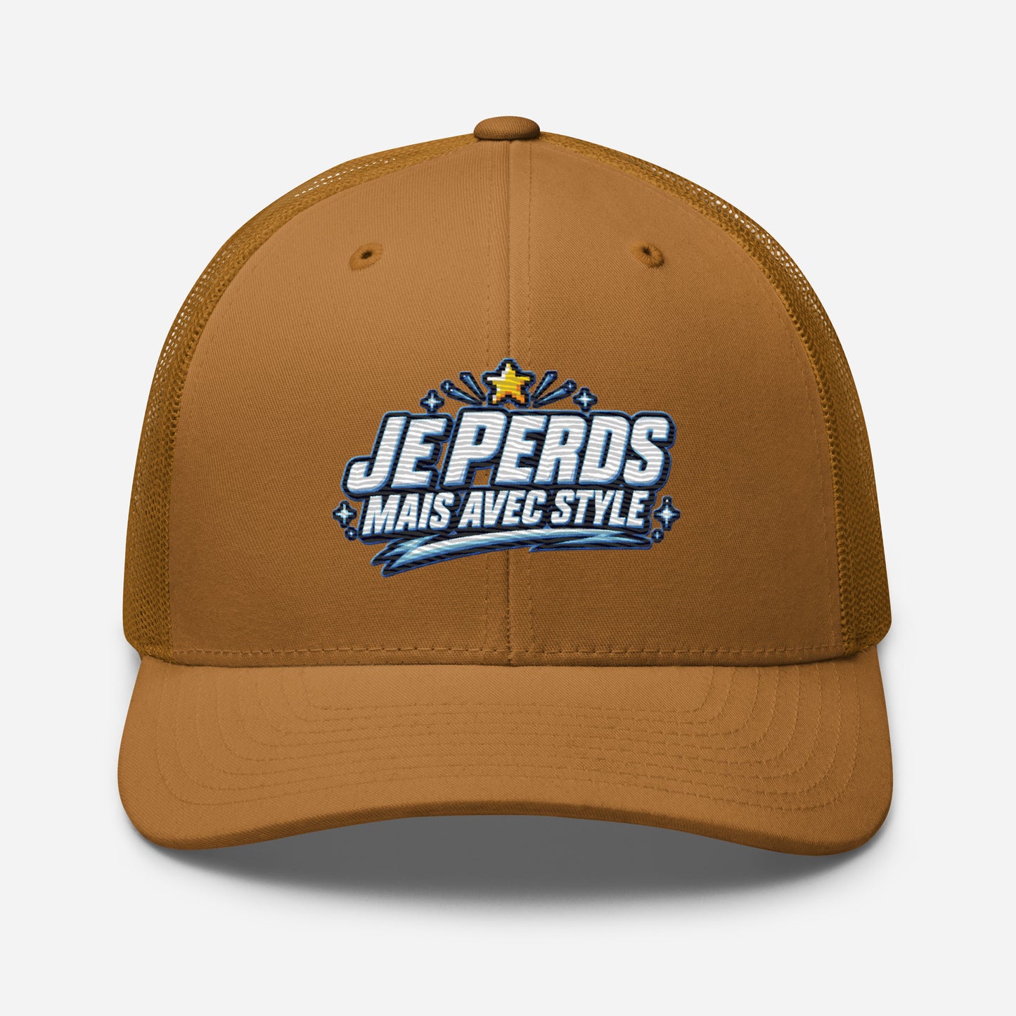 Casquette Trucker, brodée « Je perds mais avec style », en Caramel, vue de face, image 61