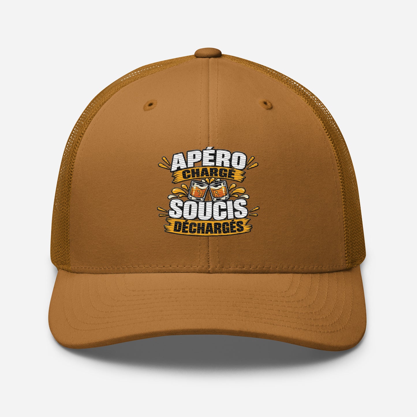 Casquette Trucker, brodée « Apéro chargé, soucis déchargés », en Caramel, vue de face, image 62