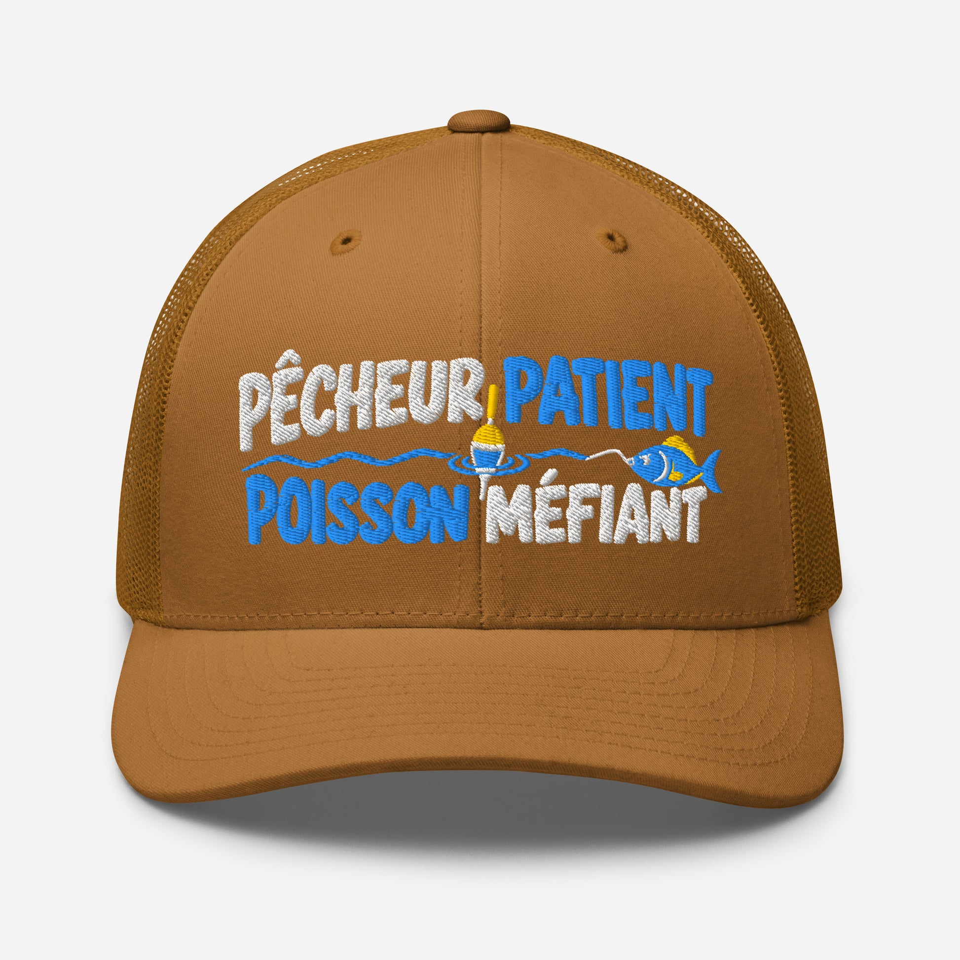 Casquette Trucker, brodée « Pêcheur patient, poisson méfiant », en Caramel, vue de face, image 62